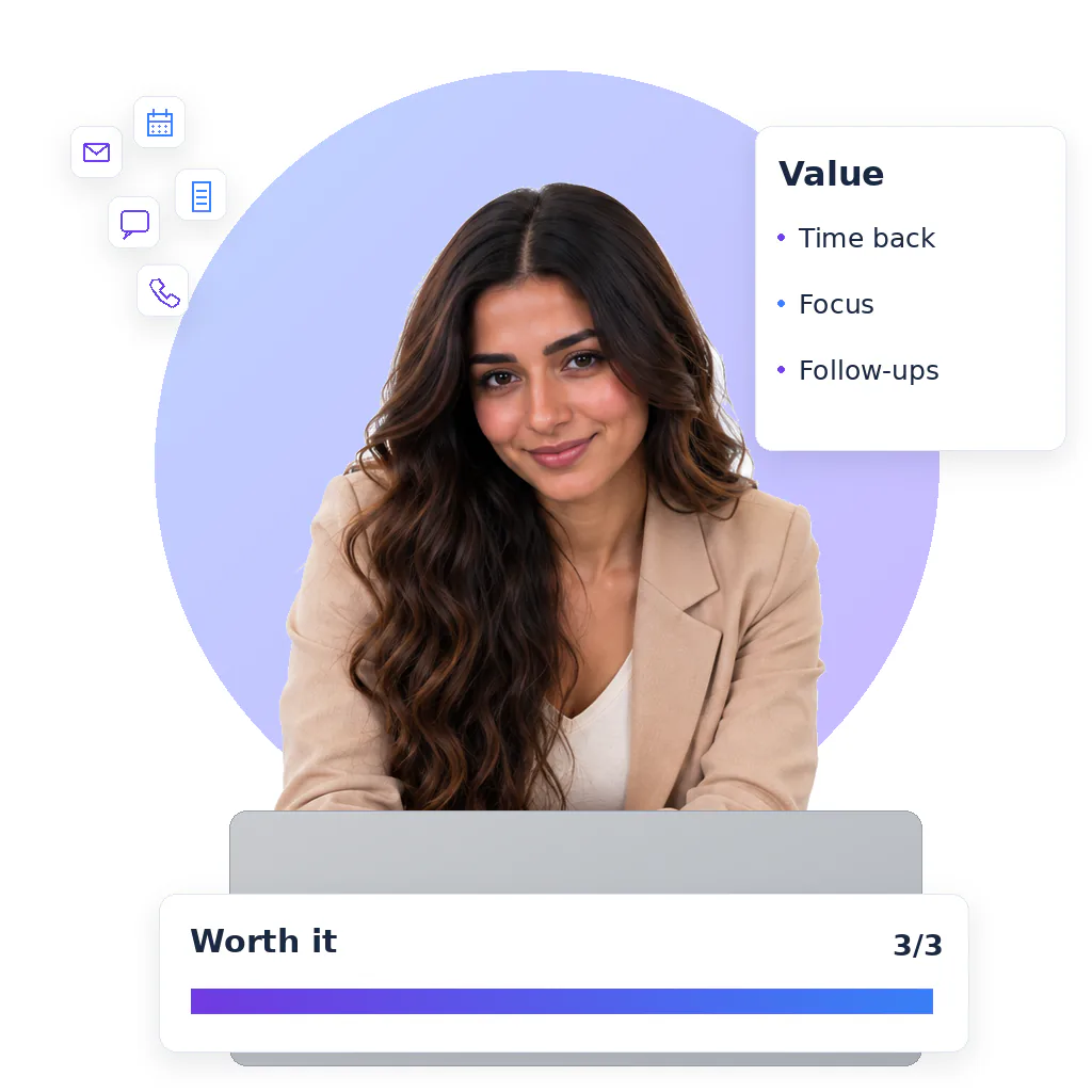 Admin virtual assistant, a smiling woman with long wavy dark hair in a beige blazer over a white top, at a laptop
