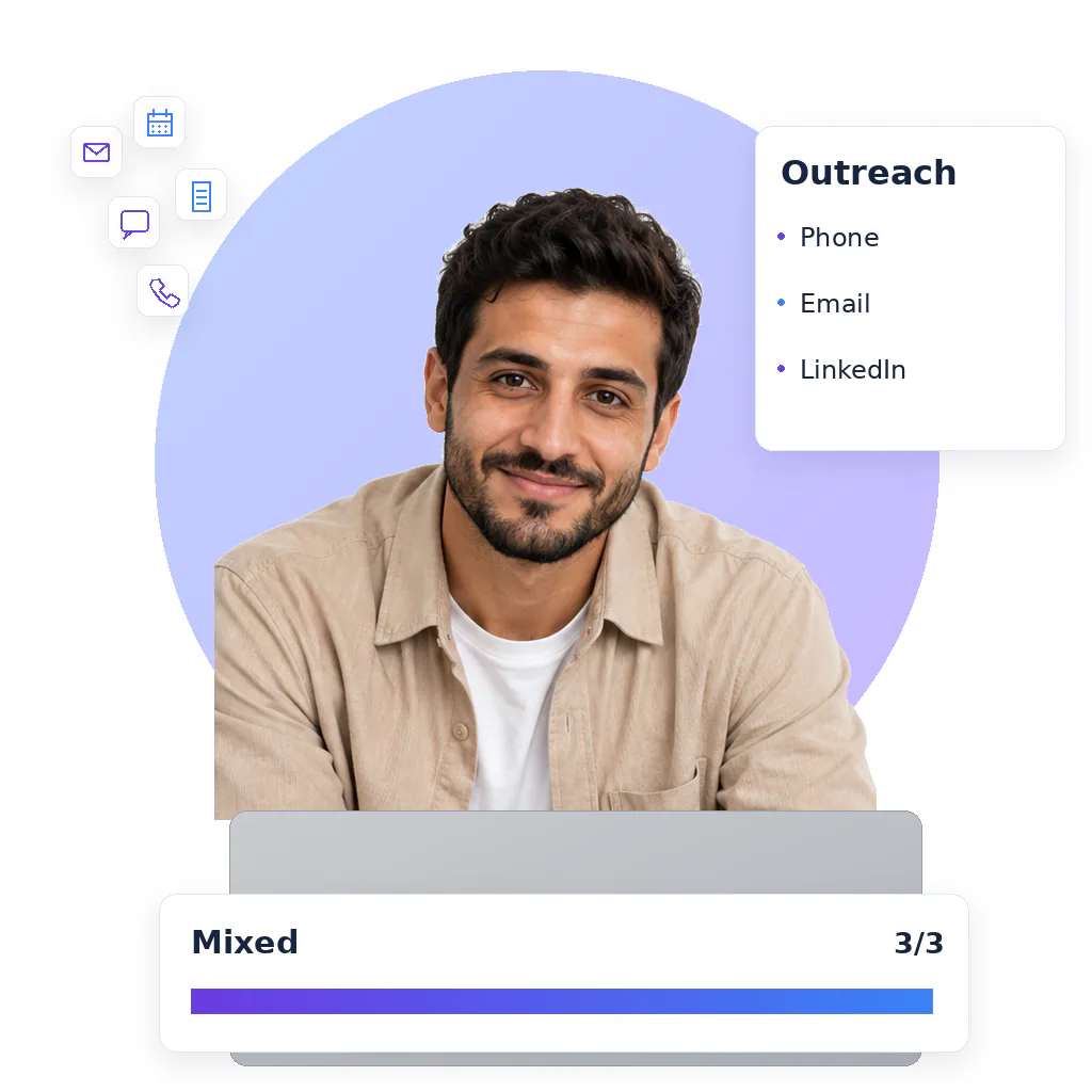 Lead generation virtual assistant, a smiling bearded man with short dark hair, beige overshirt and white tee, at a laptop