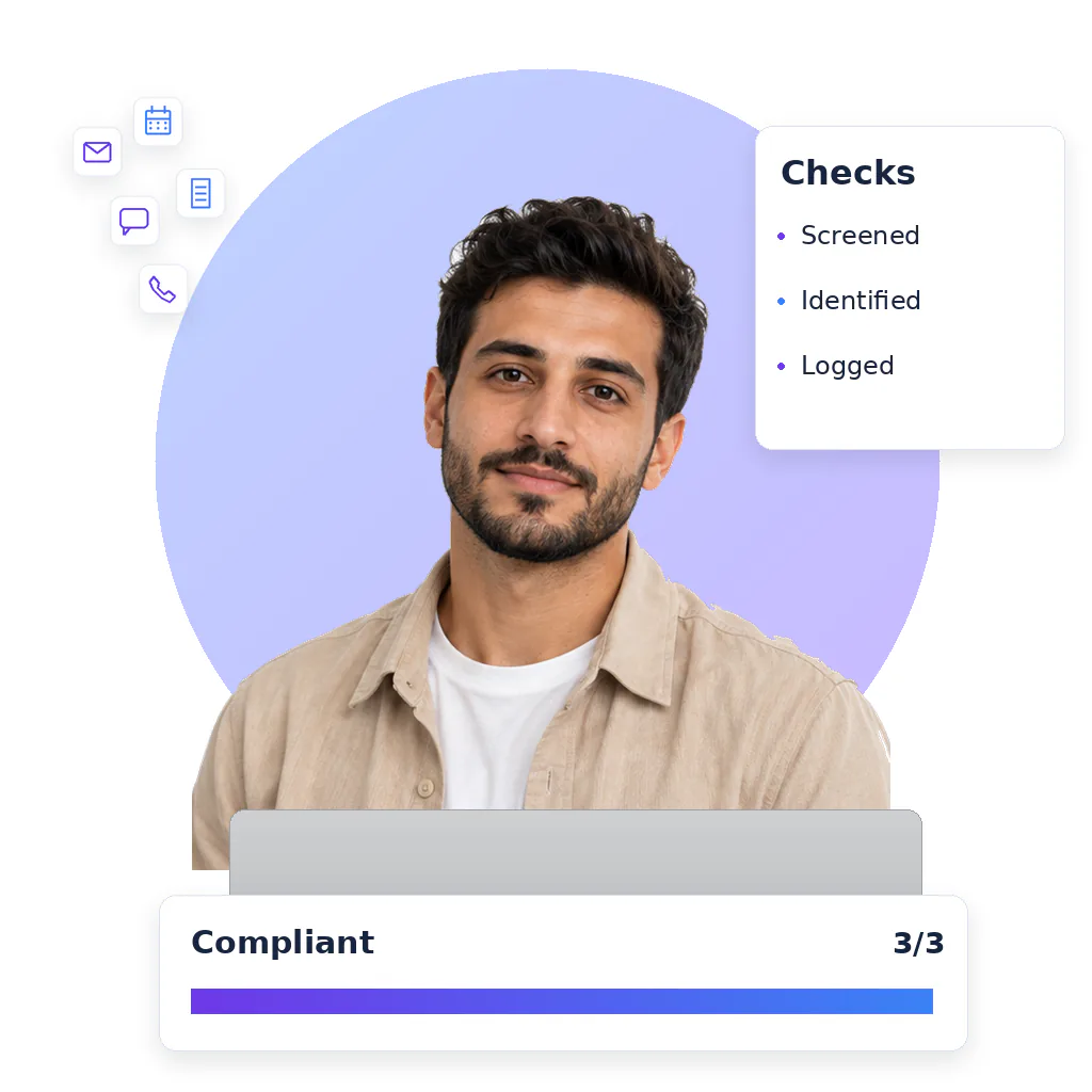 Lead generation virtual assistant, a smiling bearded man with short dark hair, beige overshirt and white tee, at a laptop