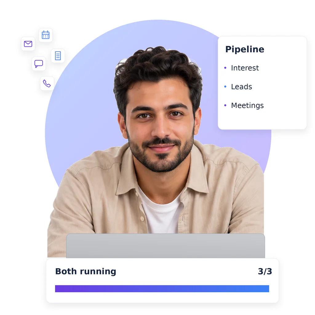 Lead generation virtual assistant, a smiling bearded man with short dark hair, beige overshirt and white tee, at a laptop