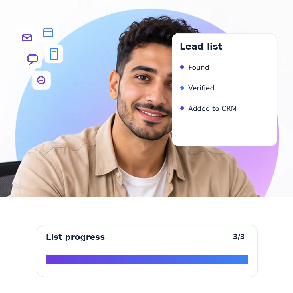 Lead generation virtual assistant with a list progress card: found, verified, added to crm