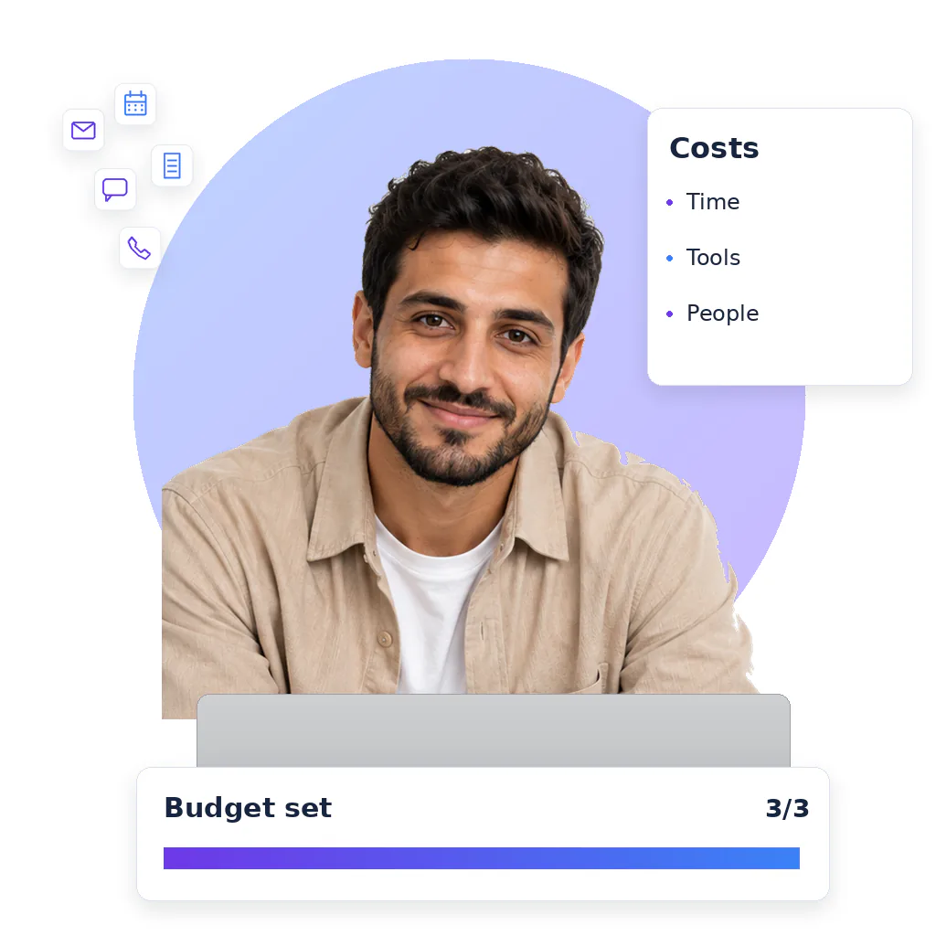 Lead generation virtual assistant, a smiling bearded man with short dark hair, beige overshirt and white tee, at a laptop