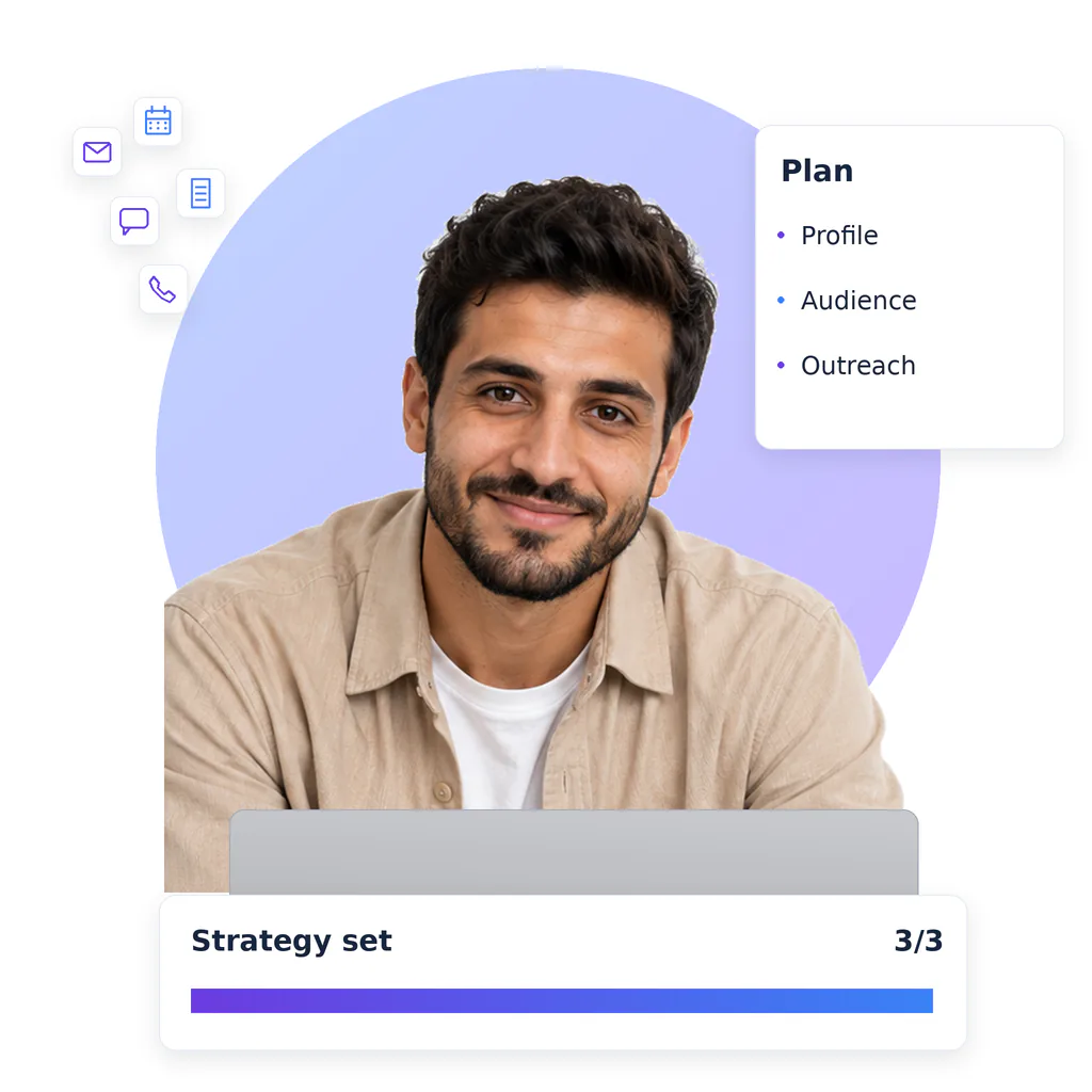 Lead generation virtual assistant, a smiling bearded man with short dark hair, beige overshirt and white tee, at a laptop