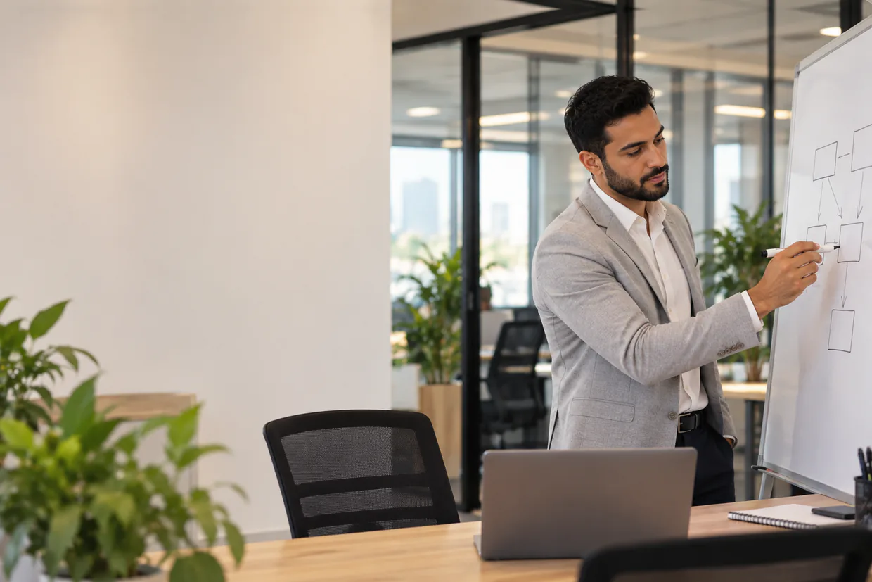 Virtual assistant planning a LinkedIn lead generation strategy at a whiteboard