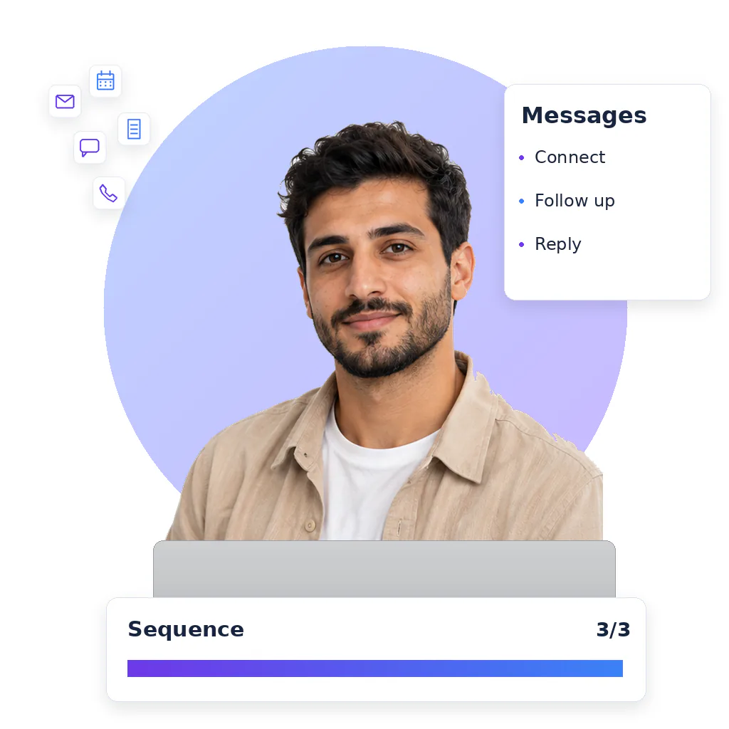 Lead generation virtual assistant, a smiling bearded man with short dark hair, beige overshirt and white tee, at a laptop