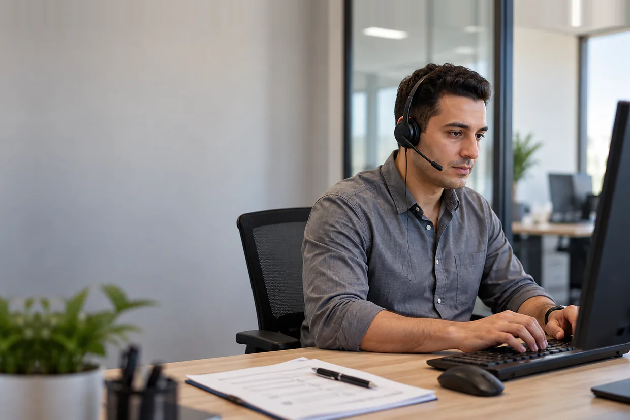 Live chat assistant working through a queue of website chats with a printed checklist beside him