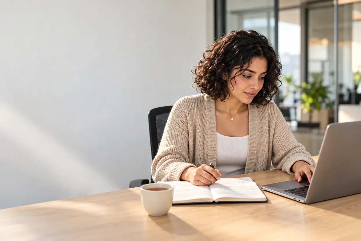 Live chat assistant glancing at a notebook of chat phrases while typing a reply