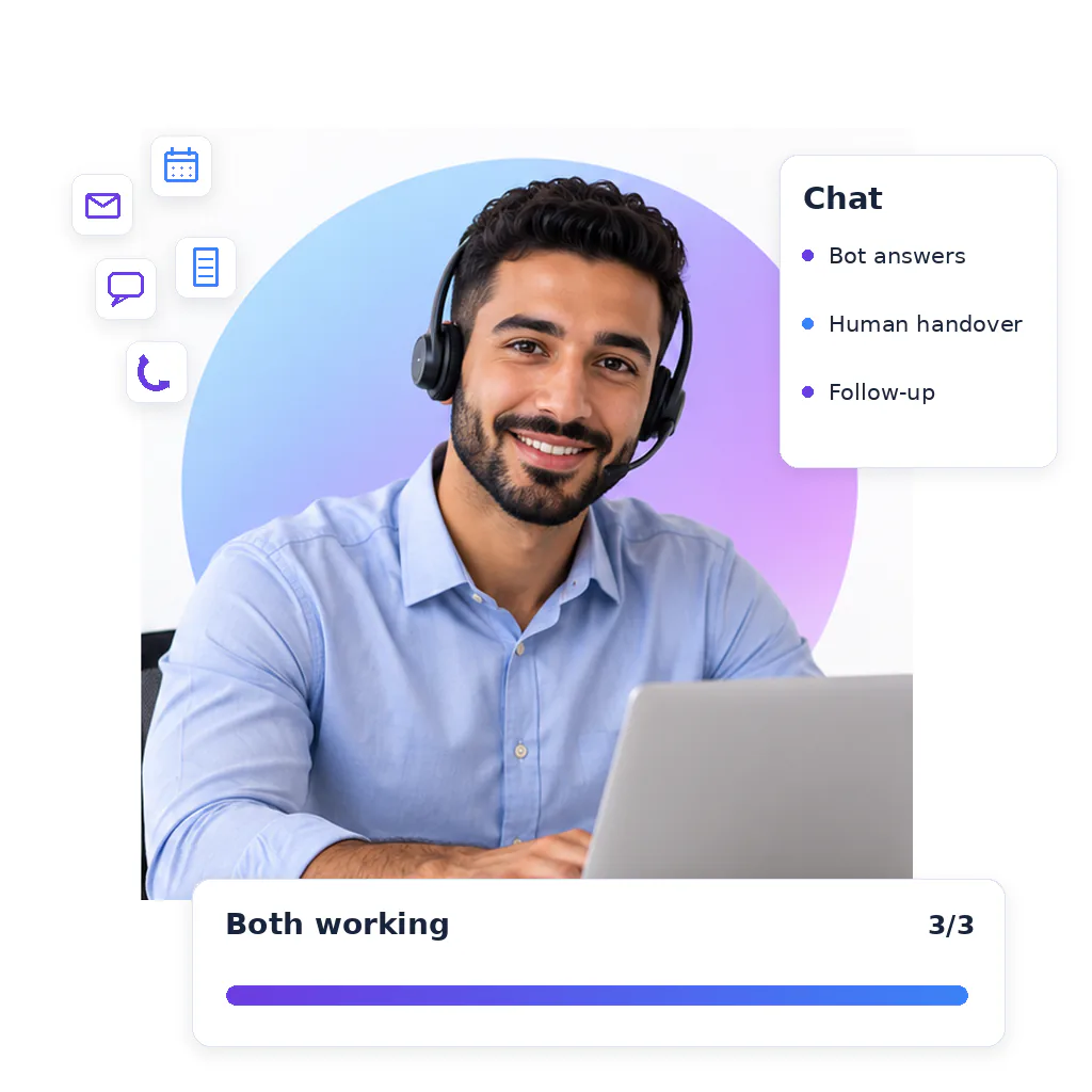 Customer service virtual assistant, a smiling bearded man in a headset and light blue shirt, at a laptop