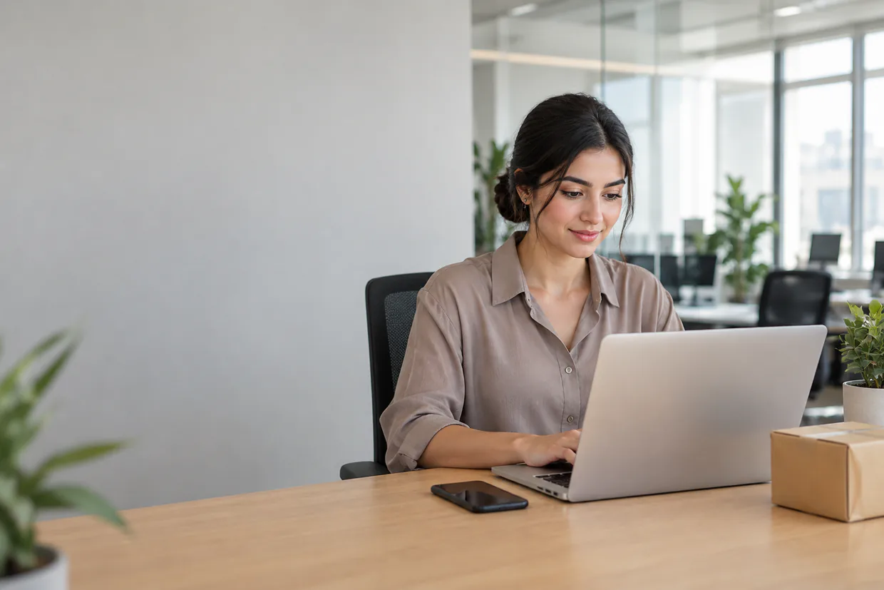 Virtual assistant replying to a website chat on a laptop, a phone and a small parcel beside it