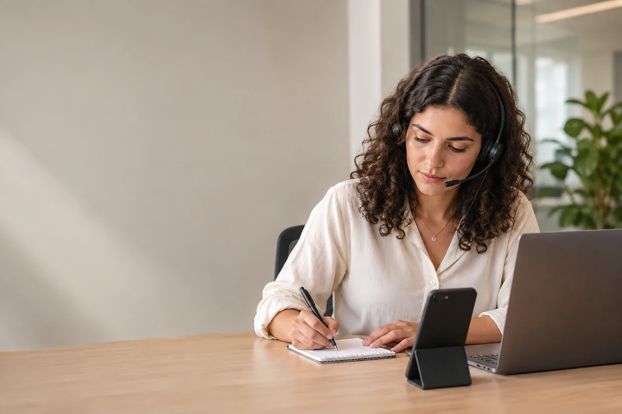 Virtual assistant in a headset writing down a caller's message on a notepad