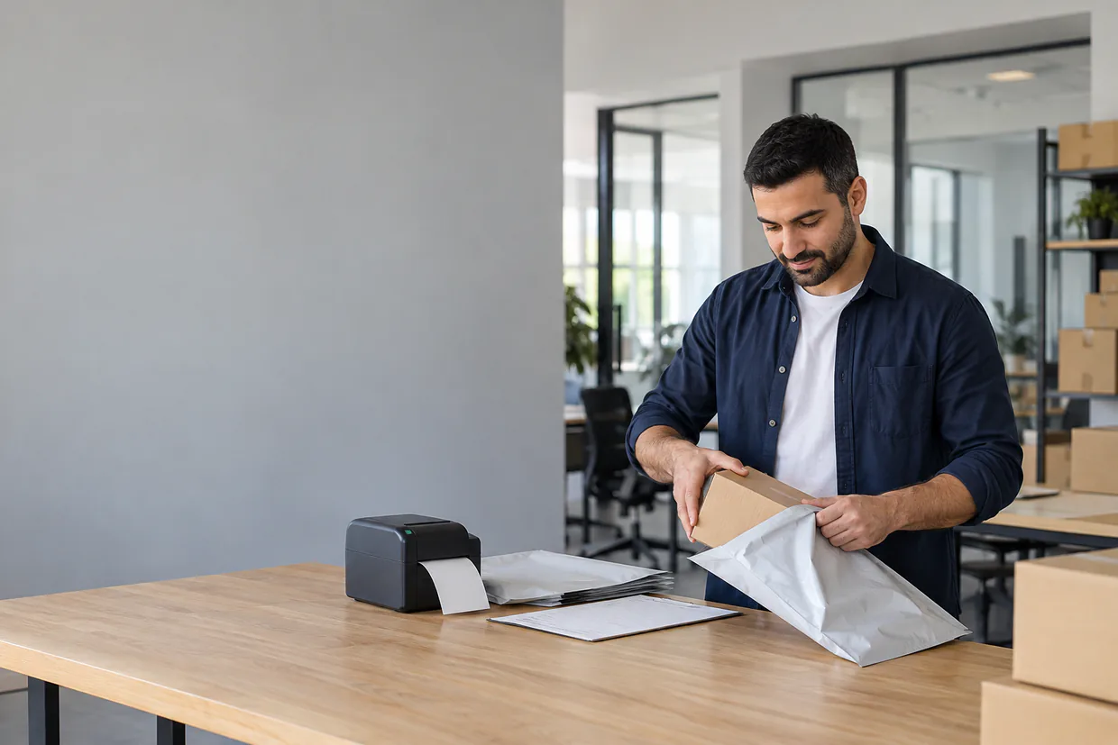 Ecommerce assistant packing an order into a mailer with a packing slip and a label printer