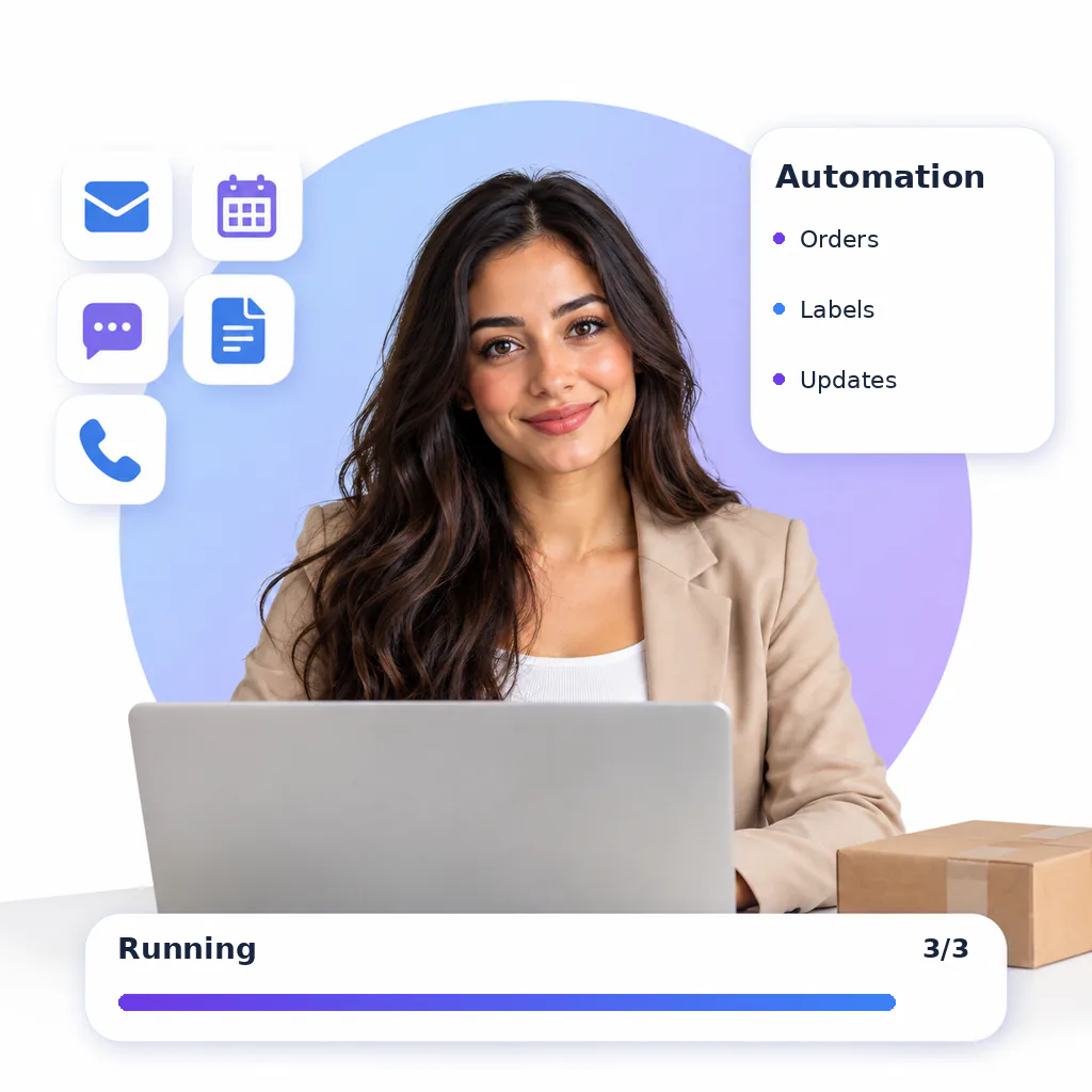E-commerce virtual assistant, a smiling woman with long wavy dark hair in a beige blazer over a white top, at a laptop