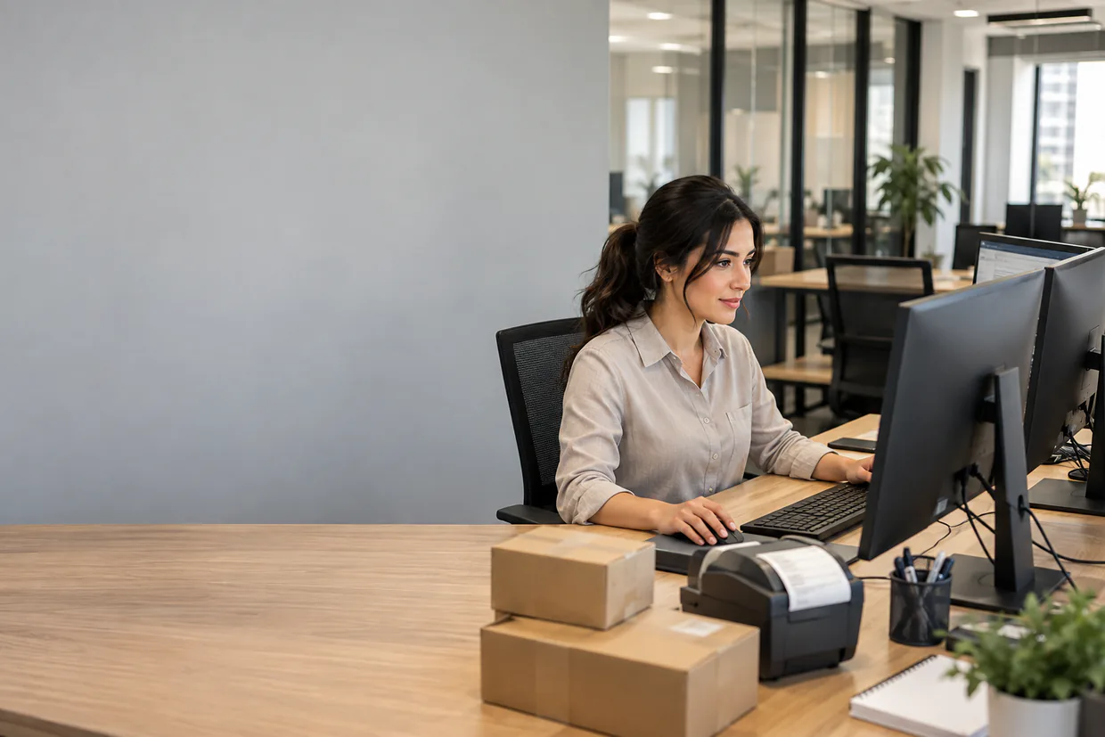 Ecommerce assistant working through an order list and an inbox on two screens
