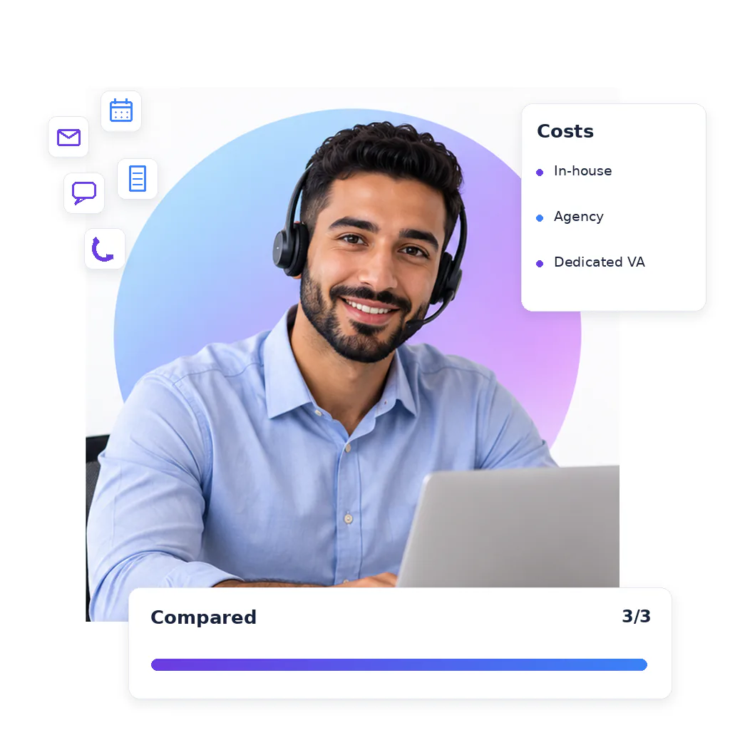 Customer service virtual assistant, a smiling bearded man in a headset and light blue shirt, at a laptop