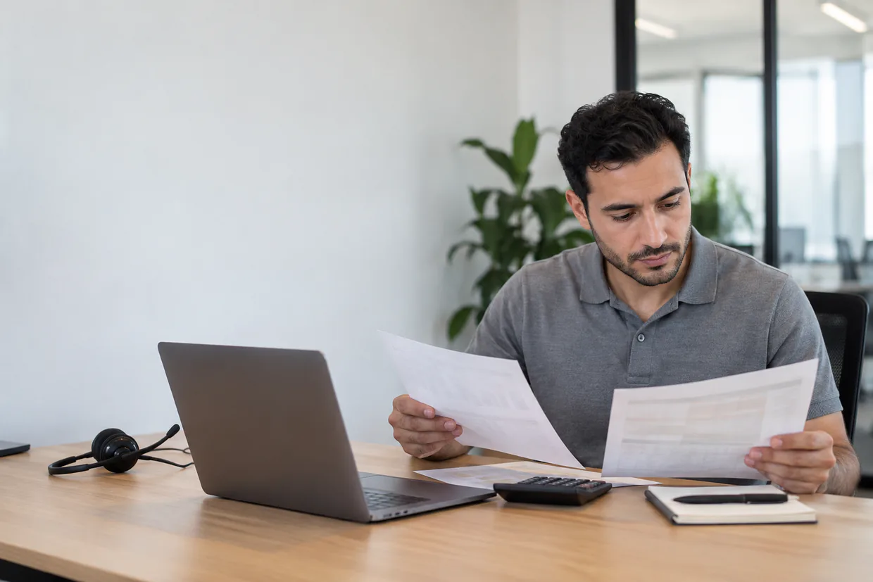 Virtual assistant comparing two printed price sheets with a calculator beside a laptop