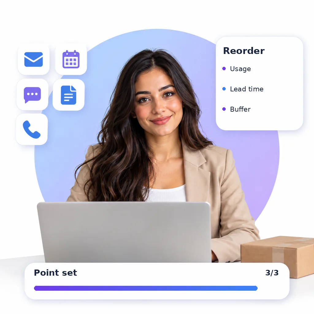 E-commerce virtual assistant, a smiling woman with long wavy dark hair in a beige blazer over a white top, at a laptop