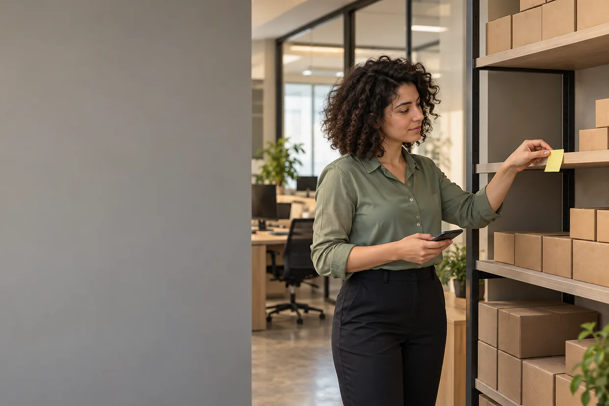 Ecommerce assistant marking a nearly empty stock shelf as the point to reorder