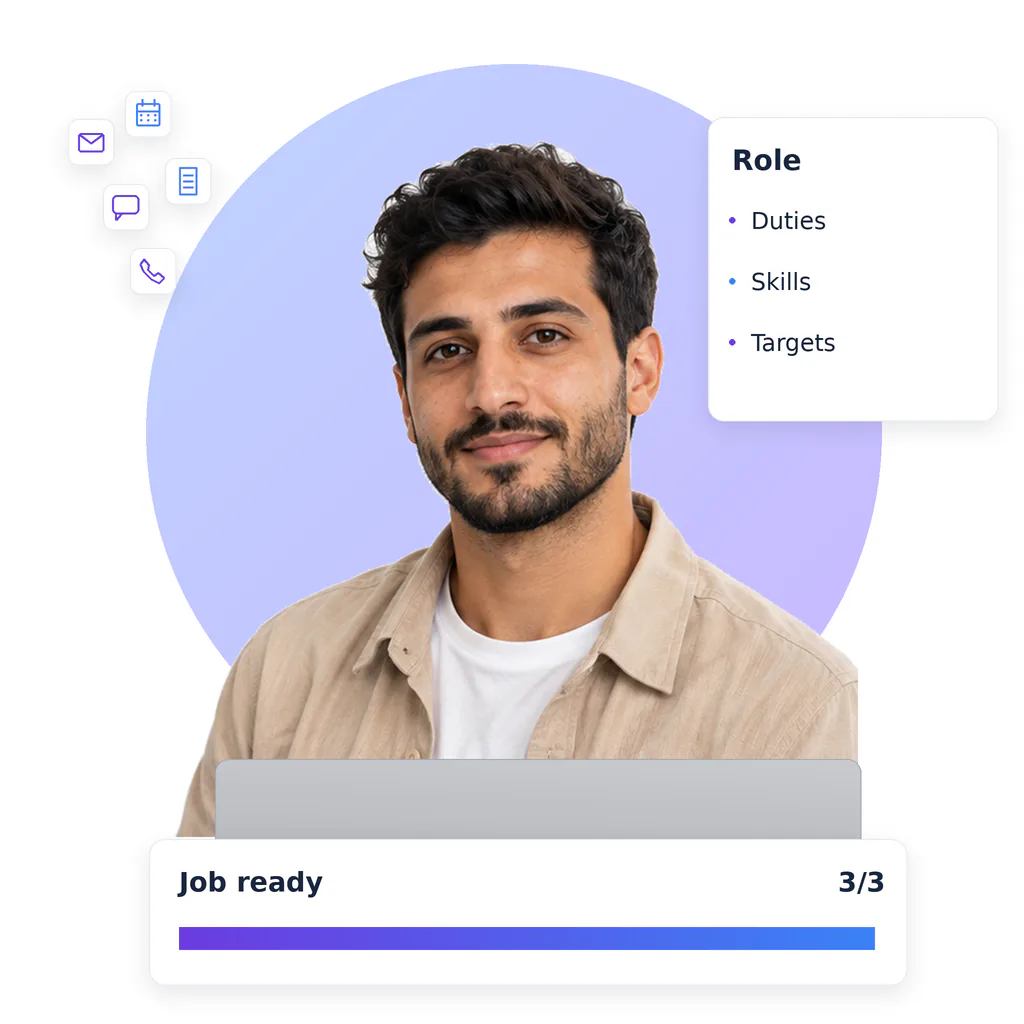 Lead generation virtual assistant, a smiling bearded man with short dark hair, beige overshirt and white tee, at a laptop