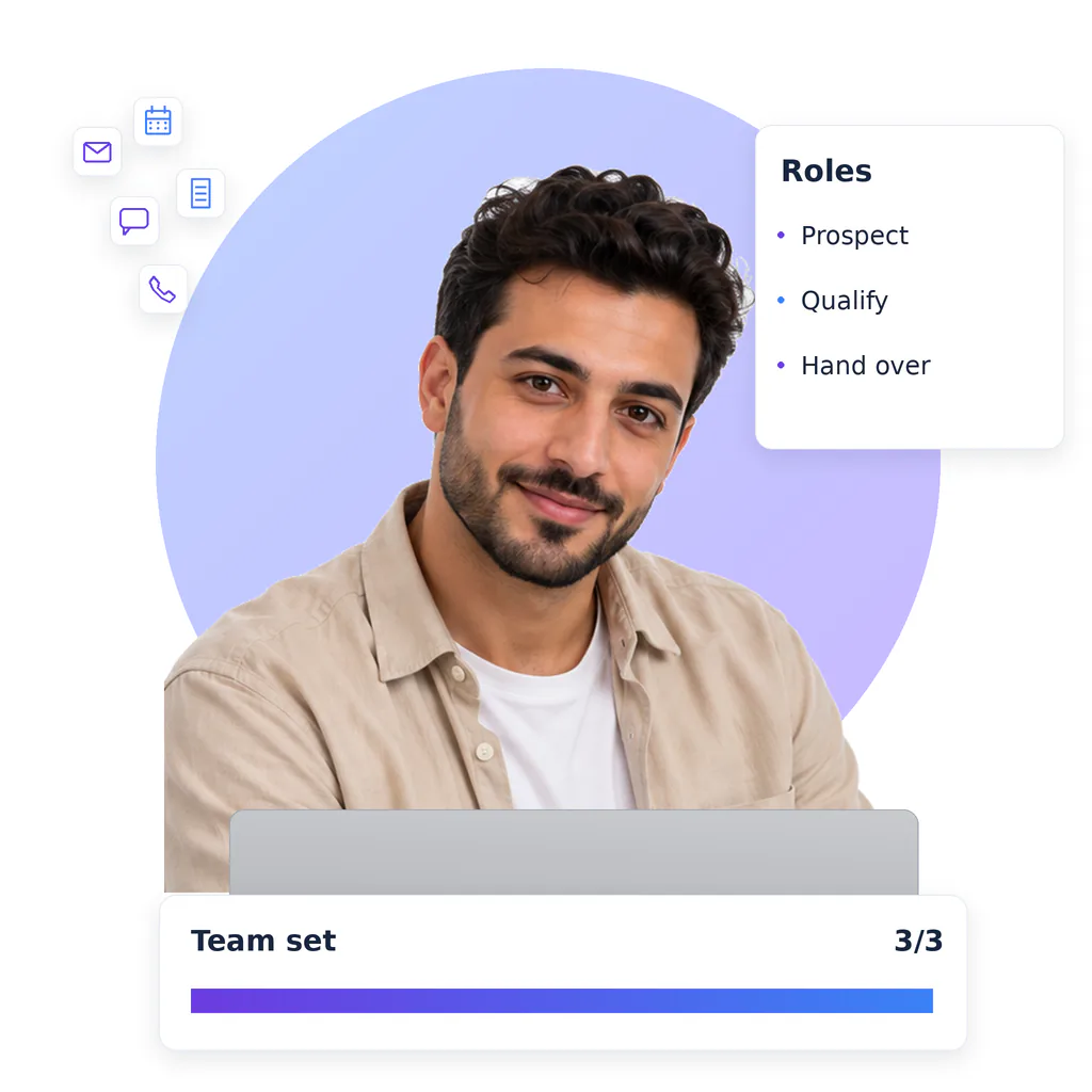 Lead generation virtual assistant, a smiling bearded man with short dark hair, beige overshirt and white tee, at a laptop