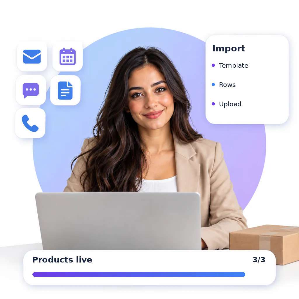 E-commerce virtual assistant, a smiling woman with long wavy dark hair in a beige blazer over a white top, at a laptop