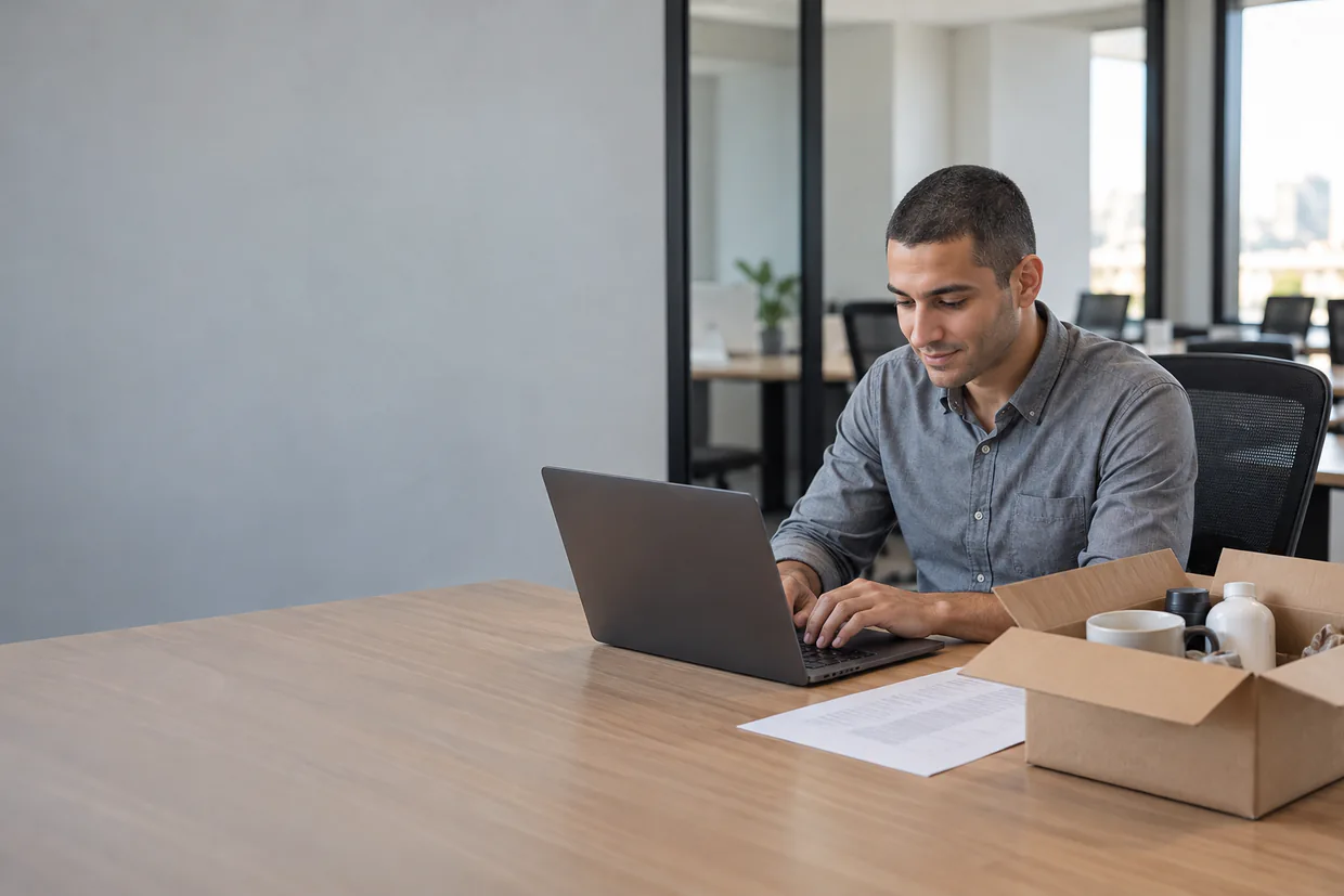 Ecommerce assistant preparing a product spreadsheet for a bulk upload beside a box of samples