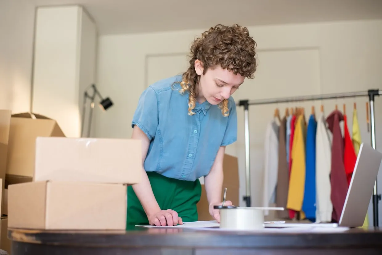 Store owner ticking off a printed checklist beside her laptop and stock after a Shopify import