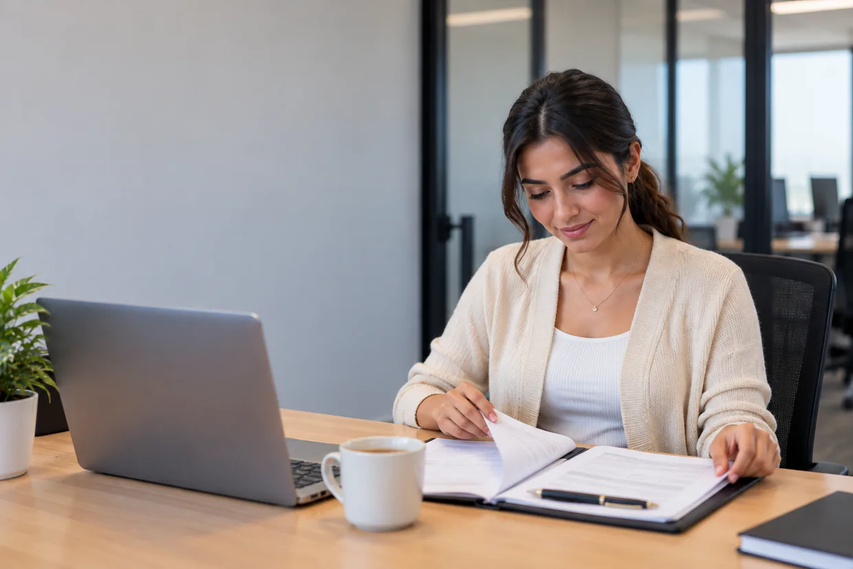 Virtual assistant reading a printed service agreement with a pen and a laptop on the desk