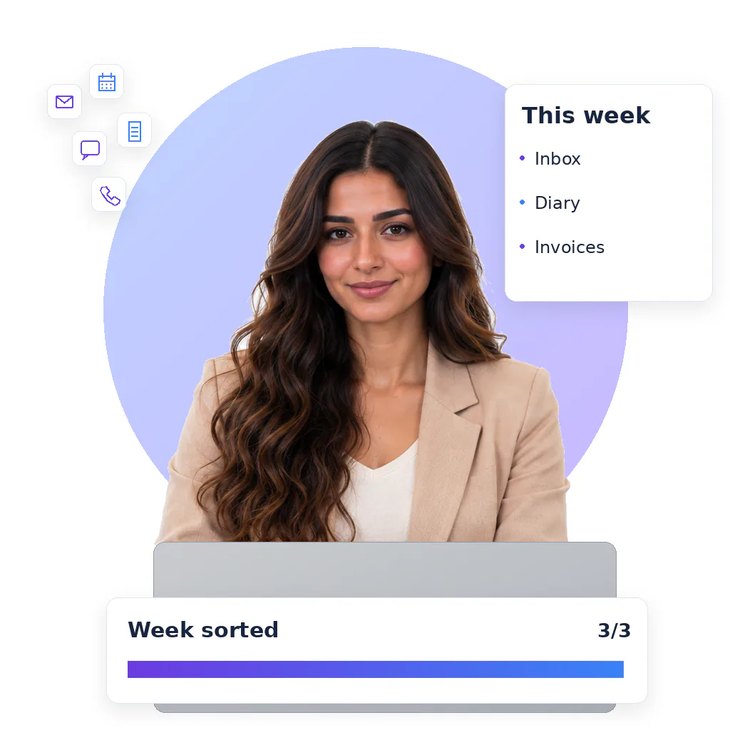 Admin virtual assistant, a smiling woman with long wavy dark hair in a beige blazer over a white top, at a laptop