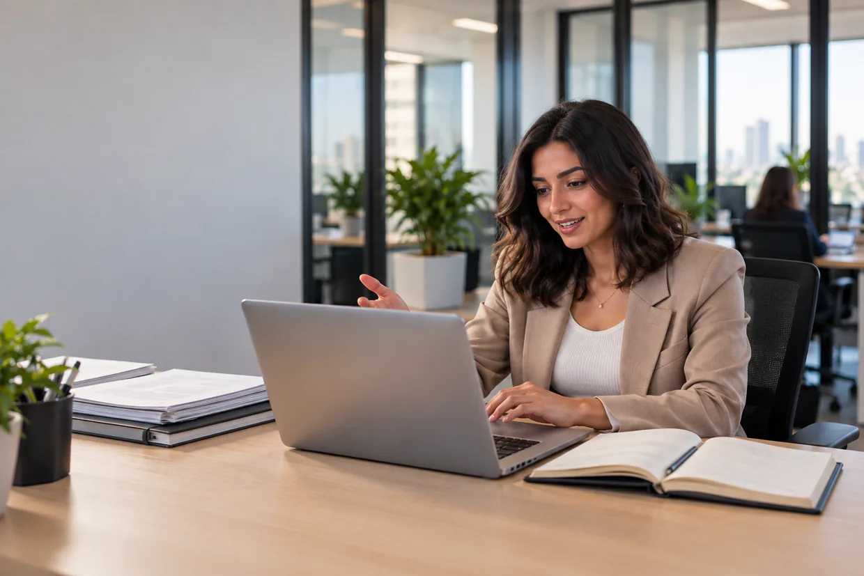 Virtual assistant on a video call with a small business owner, diary and paperwork beside her
