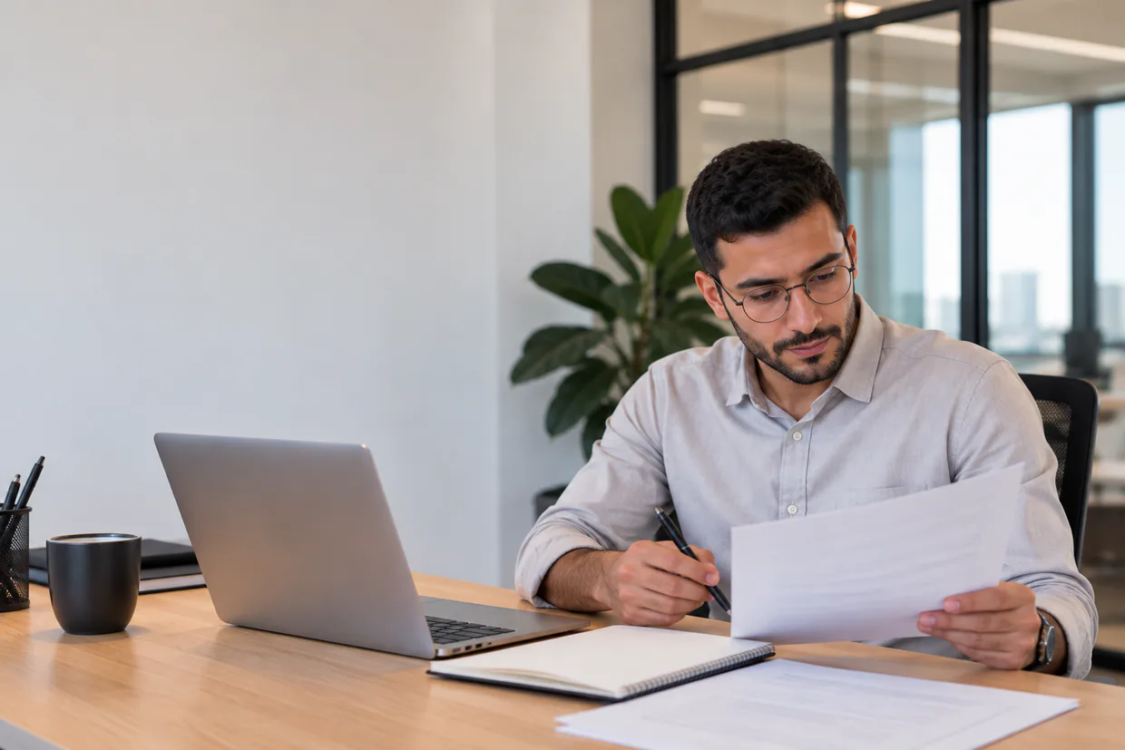 Virtual assistant reading through a printed job description beside a laptop