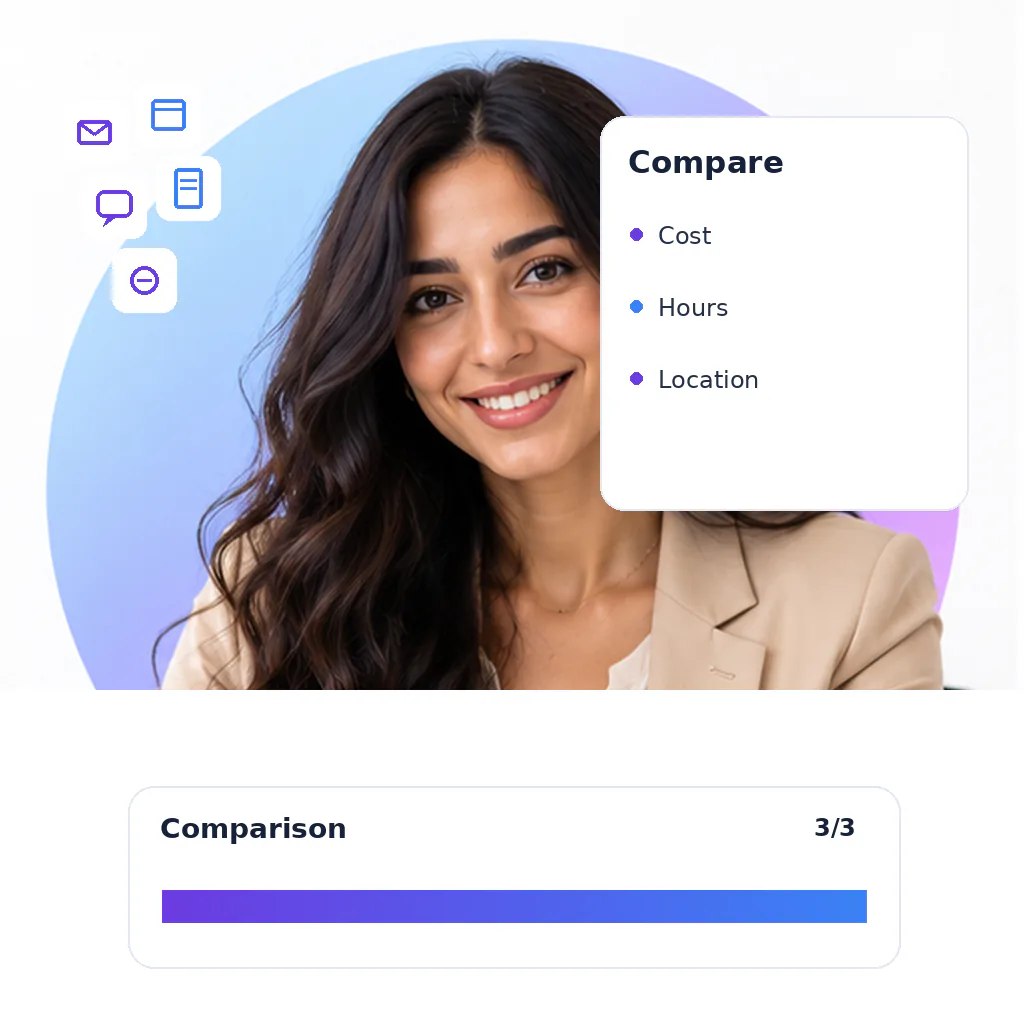 Admin virtual assistant with a comparison card: cost, hours, location