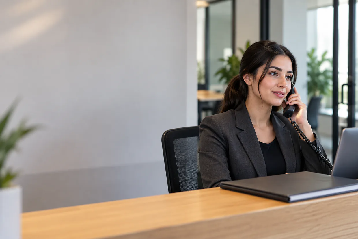 Virtual receptionist answering a desk phone beside a closed client file at a tidy front desk