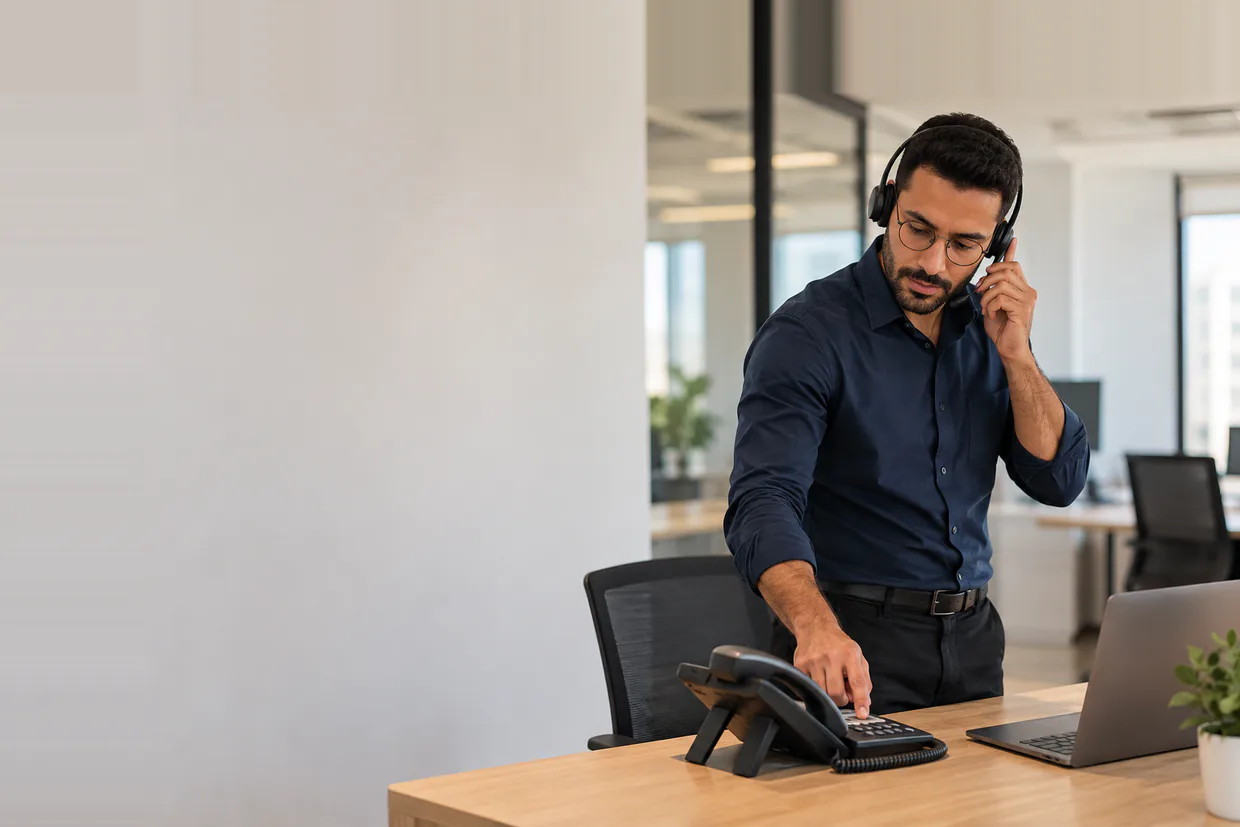 Virtual receptionist standing at a bright office desk transferring a call on a desk phone