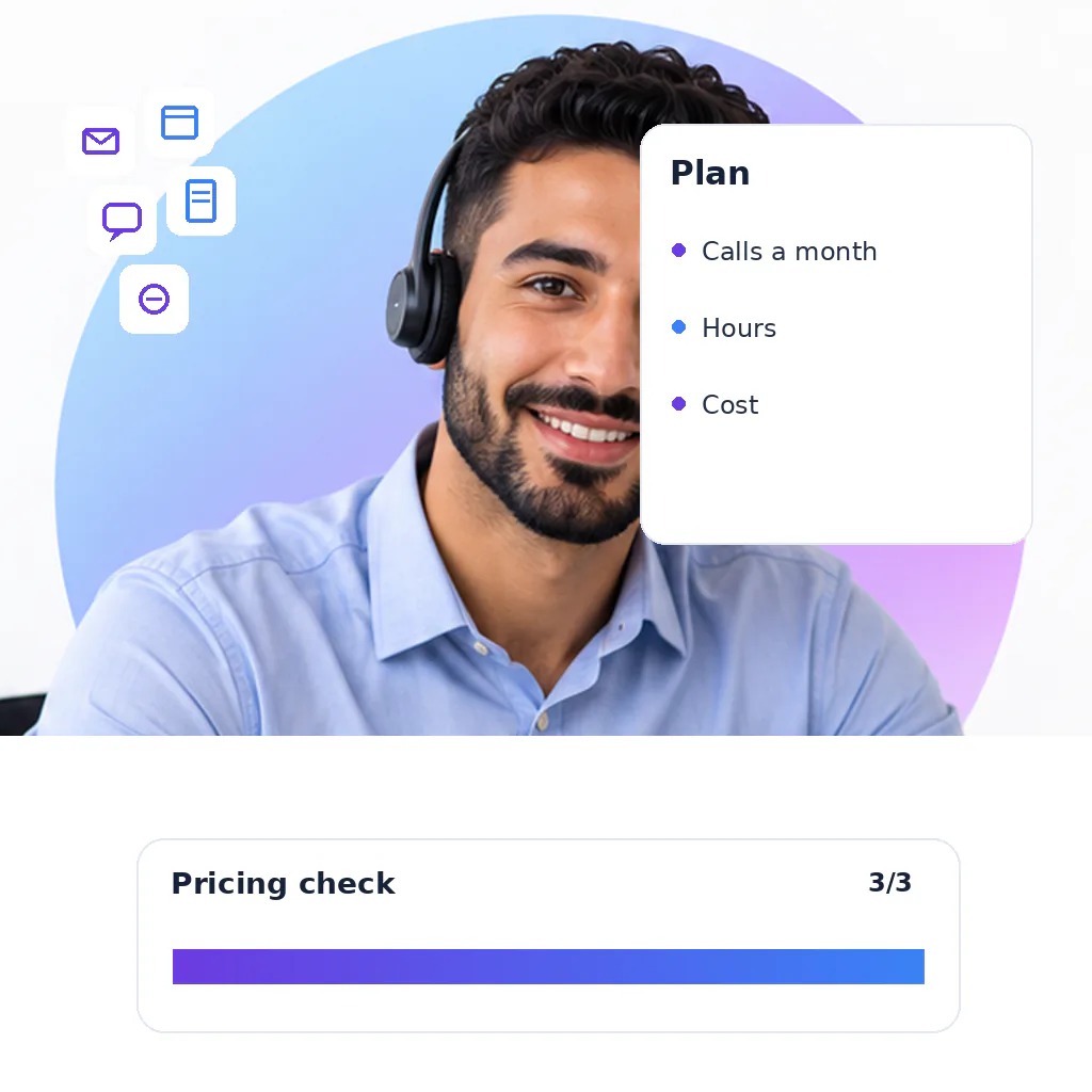 Customer service virtual assistant with a pricing check card: calls a month, hours, cost