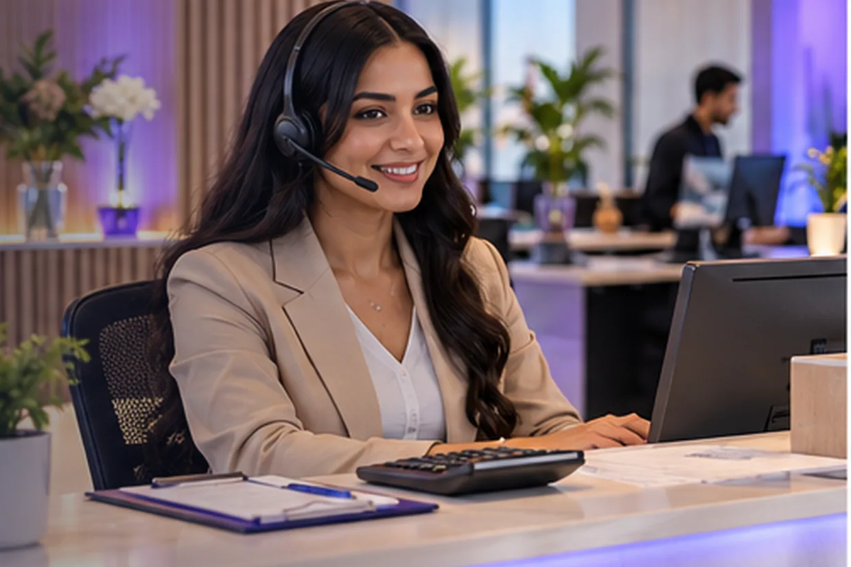 Virtual receptionist at the front desk with a pricing sheet