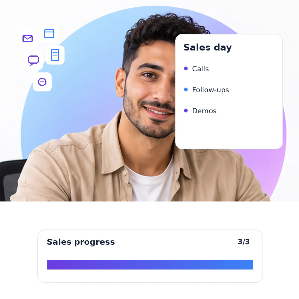 Lead generation virtual assistant with a sales progress card: calls, follow-ups, demos