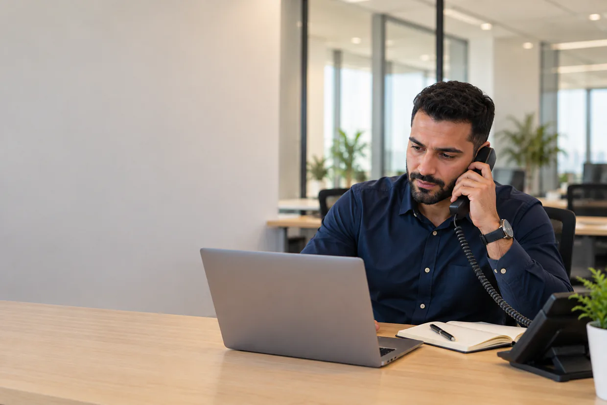 Virtual assistant taking a call on a desk phone while managing a diary and inbox on a laptop