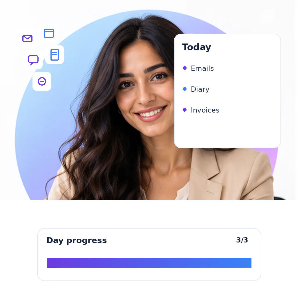 Admin virtual assistant, a smiling woman with long wavy dark hair in a beige blazer over a white top