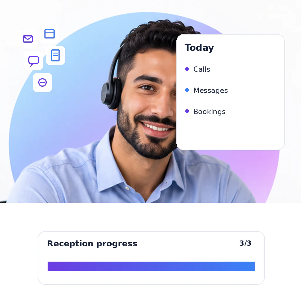 Customer service virtual assistant with a reception progress card: calls, messages, bookings