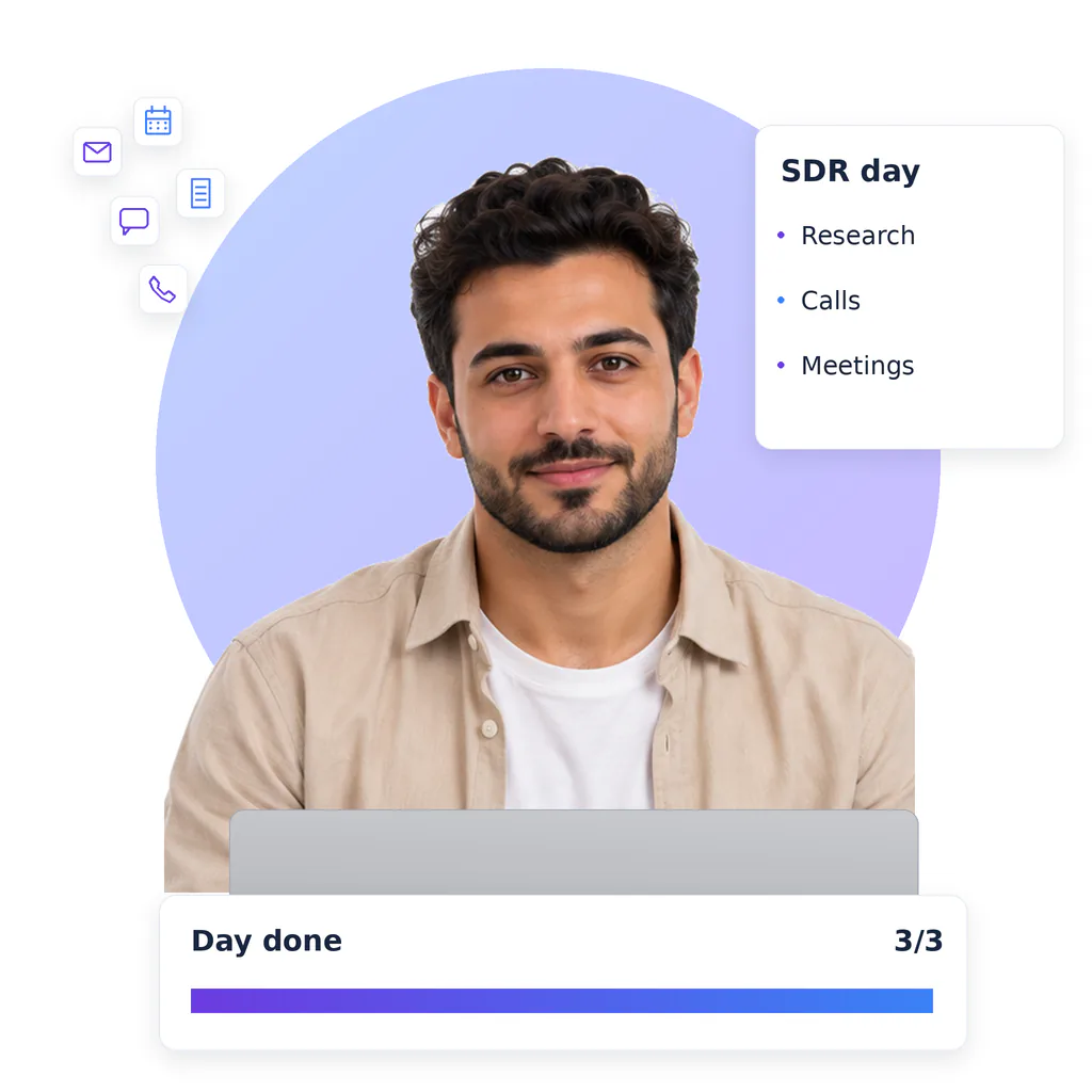 Lead generation virtual assistant, a smiling bearded man with short dark hair, beige overshirt and white tee, at a laptop