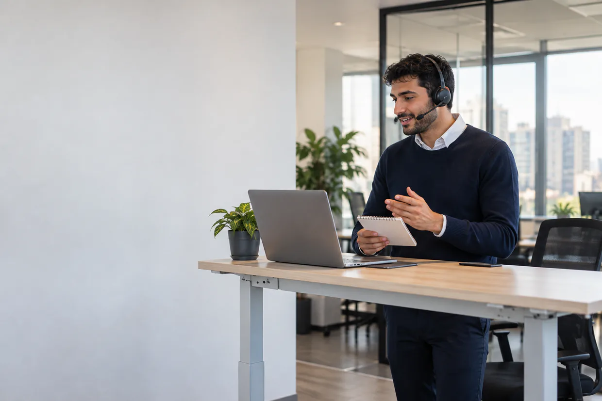 Sales development representative making a prospecting call at a standing desk