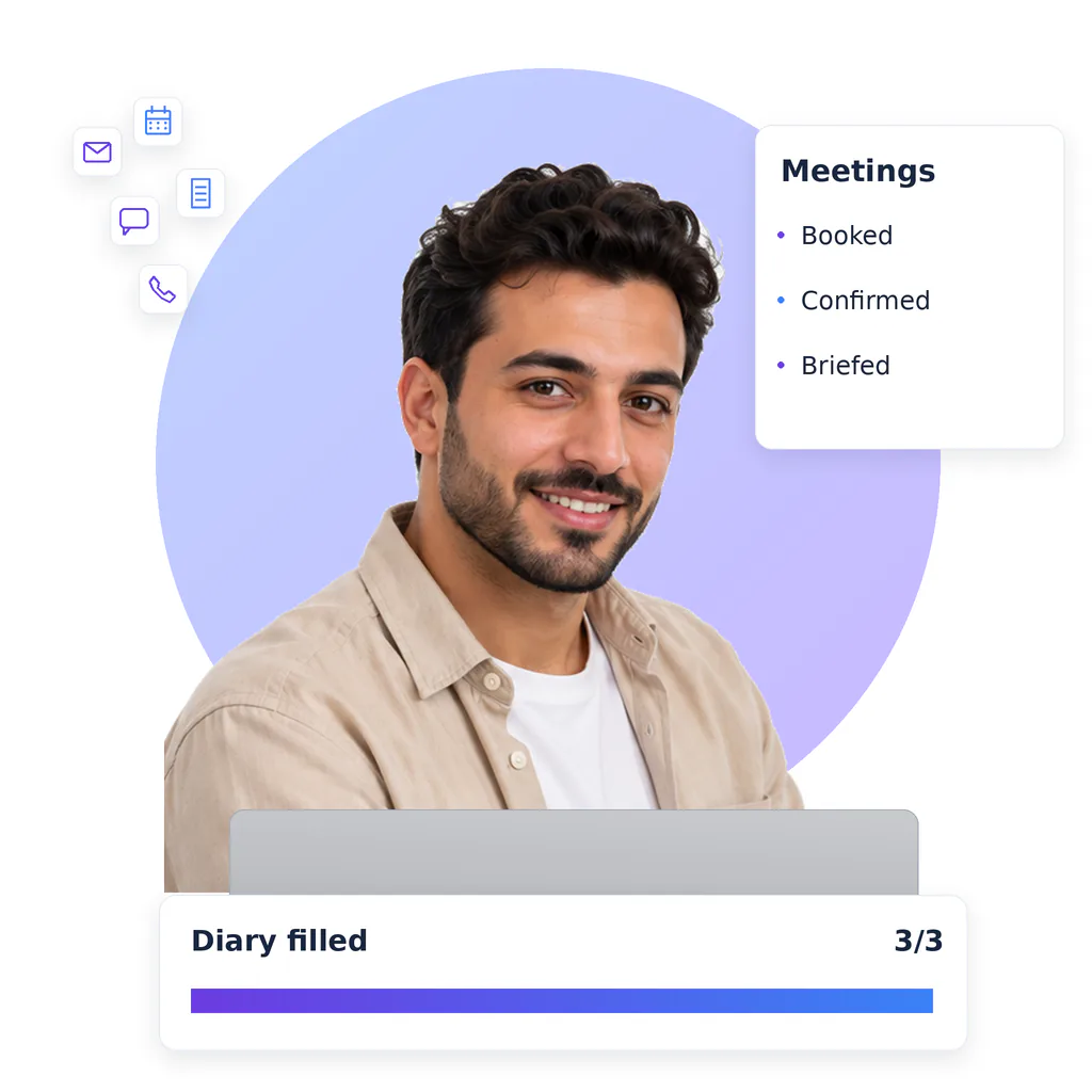 Lead generation virtual assistant, a smiling bearded man with short dark hair, beige overshirt and white tee