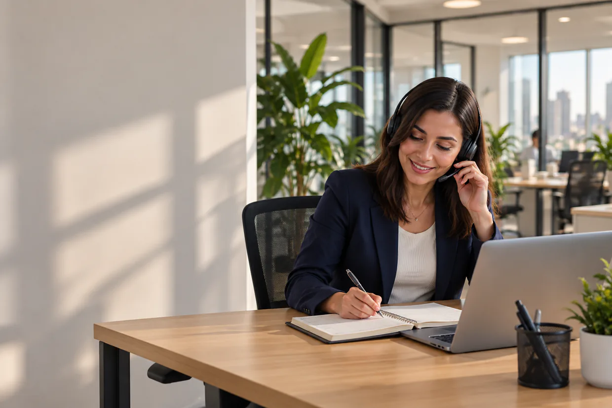 Appointment setter in a headset booking a sales meeting into a diary