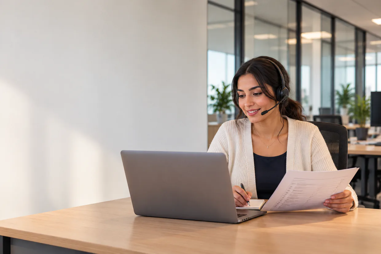 Cold caller on a headset working through a call list