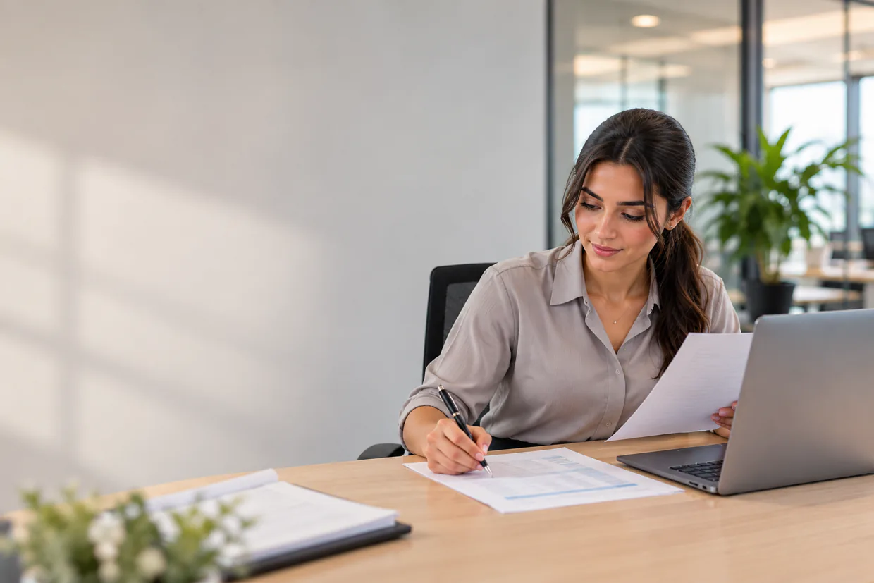 Virtual assistant checking a printed customer list in pen against a spreadsheet on a laptop