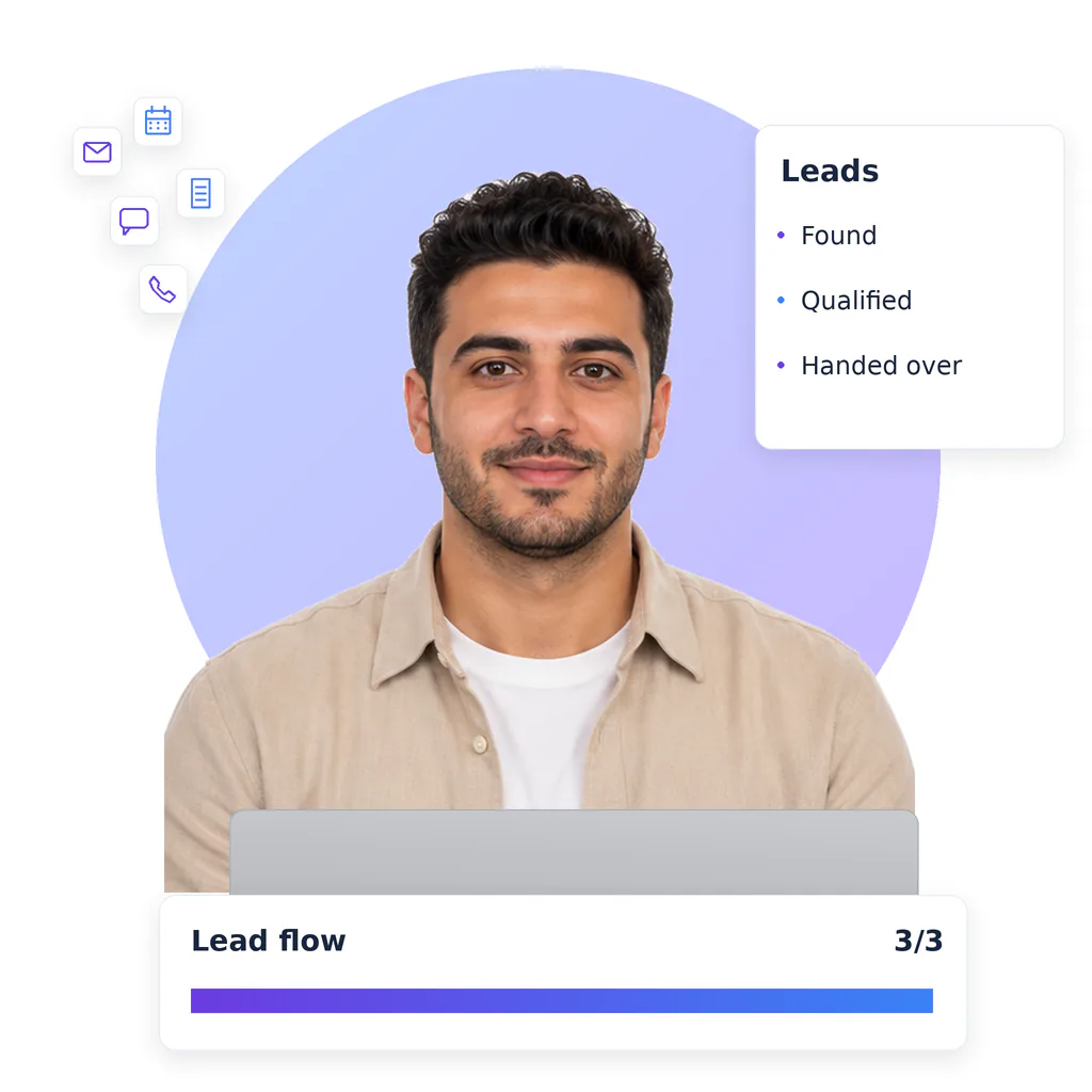 Lead generation virtual assistant, a smiling bearded man with short dark hair, beige overshirt and white tee