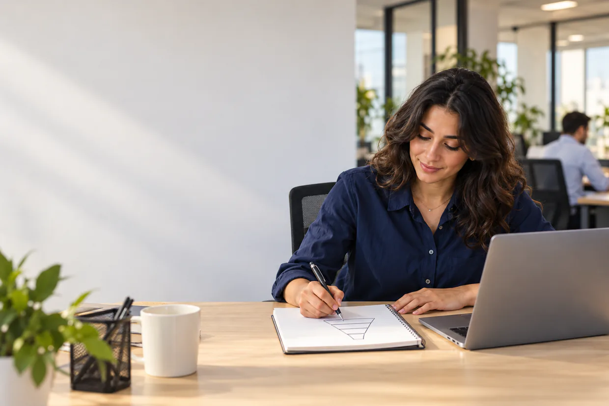 Virtual assistant mapping out a lead generation process on a notepad