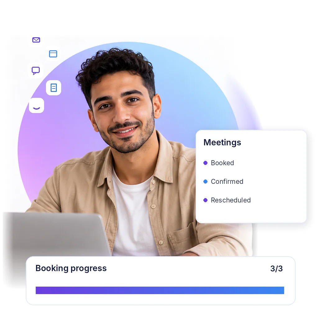 Appointment setting assistant with a booking progress card: booked, confirmed, rescheduled