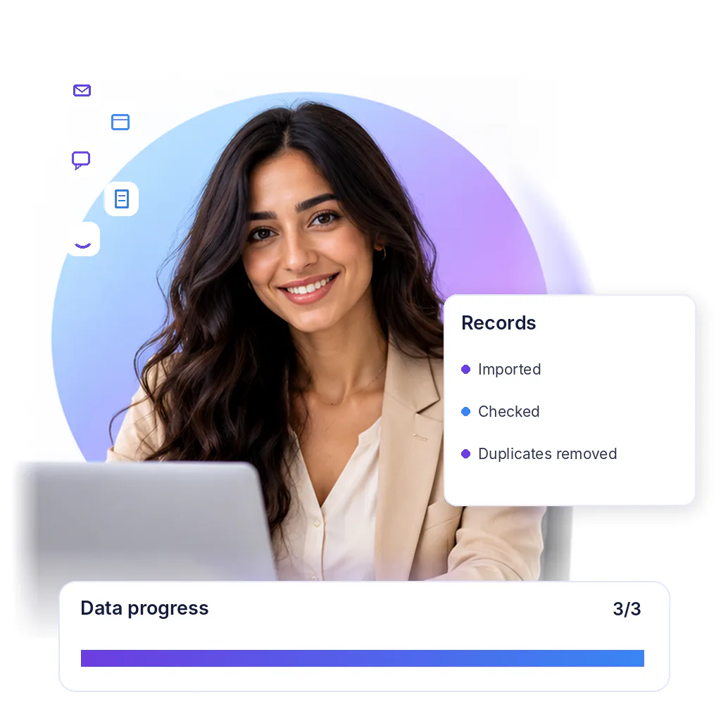 Data entry virtual assistant with a data progress card: imported, checked, duplicates removed