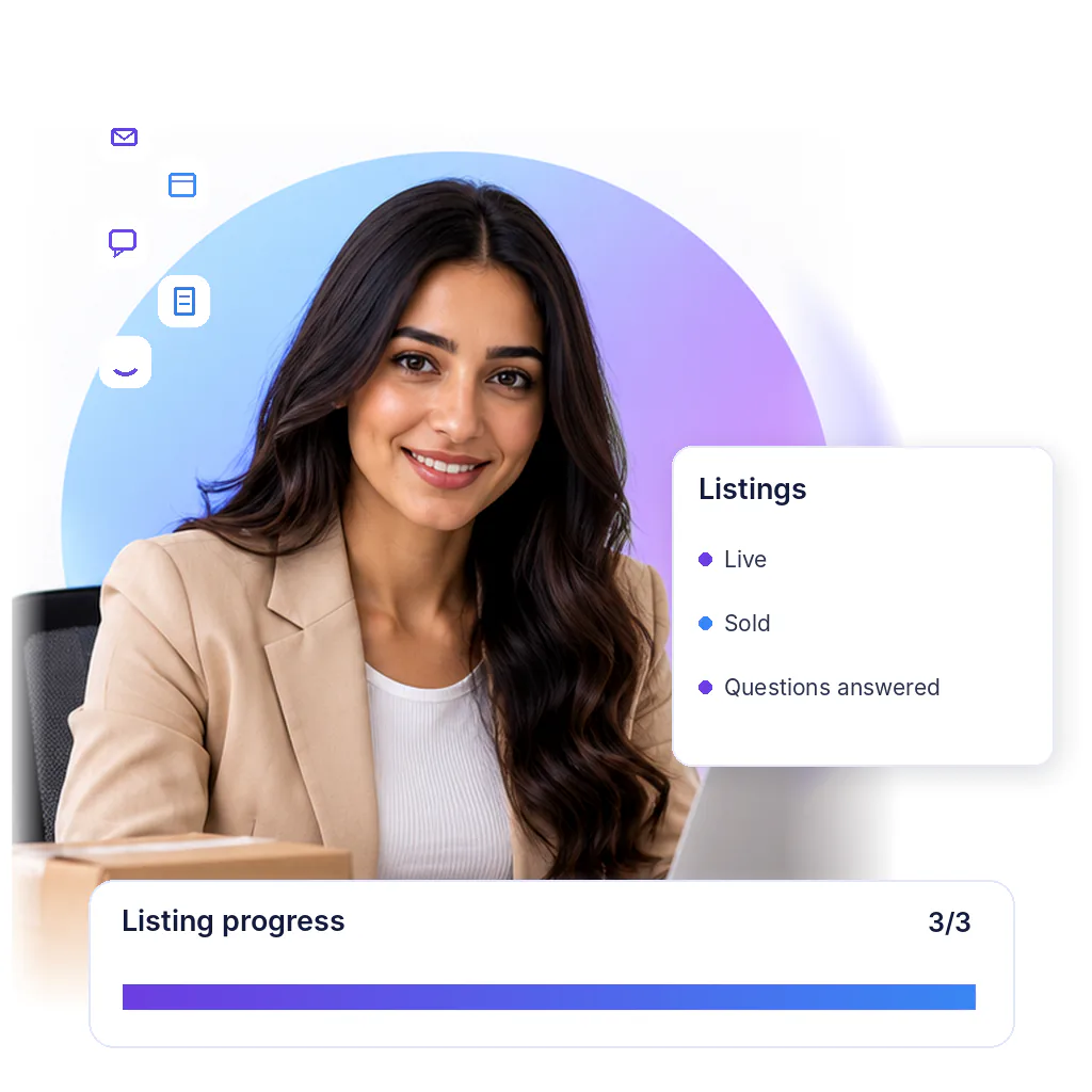 eBay virtual assistant with a listing progress card: live, sold, questions answered